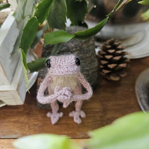 May include: A small, hand-knitted frog figurine in a soft, dusty pink yarn. The frog features a lighter, cream-colored belly, two prominent black plastic eyes, and articulated limbs positioned with its hands clasped together in front of its chest.