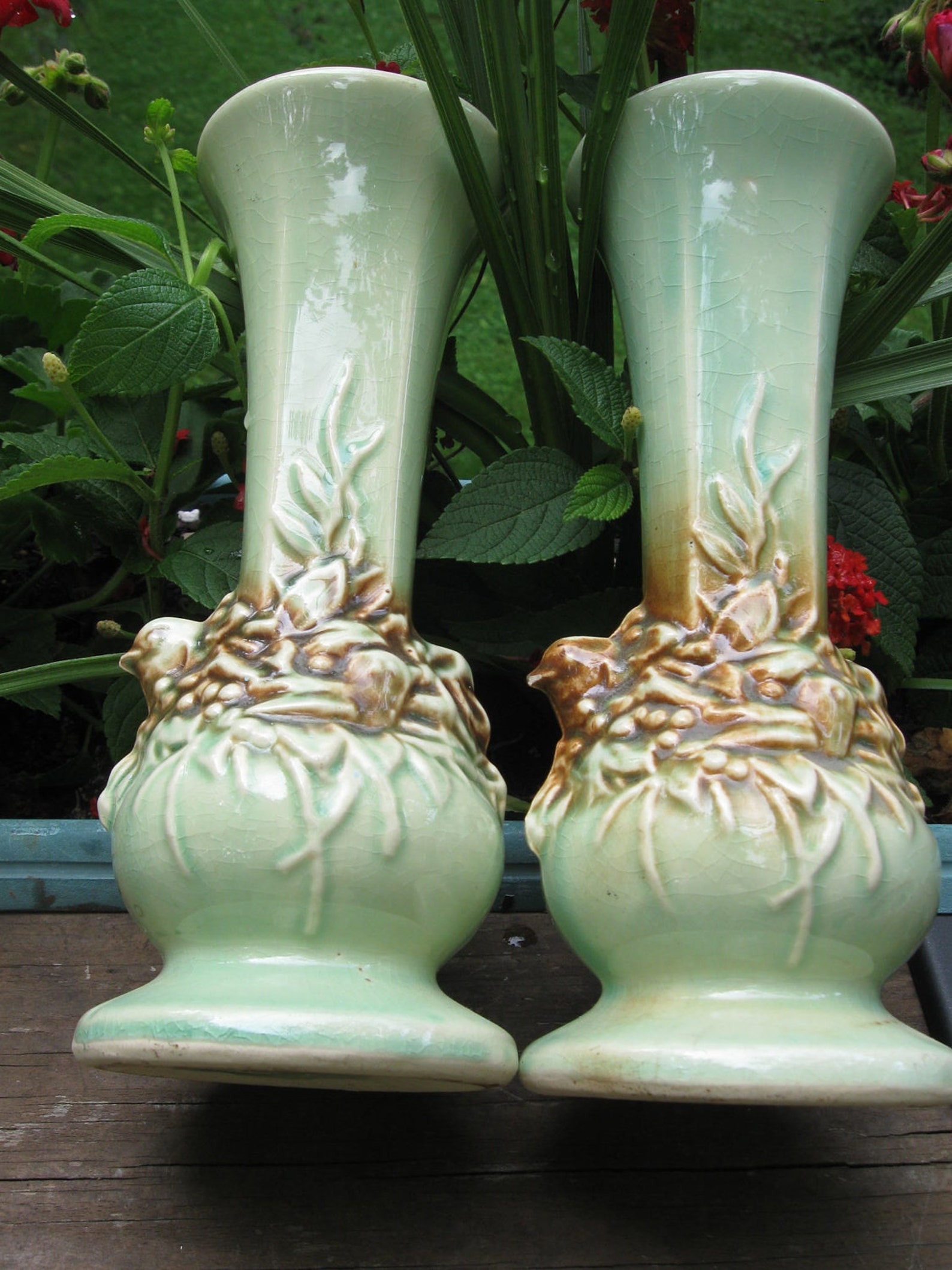 Mccoy Vase Mc Coy Vase Green Birds & Berries Set of 2 Etsy