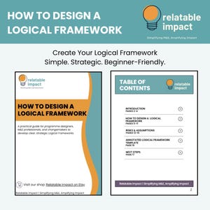 Könnte beinhalten: Doppelseitige Präsentation mit dem Titel "HOW TO DESIGN A LOGICAL FRAMEWORK" in Teal und Orange. Die linke Seite zeigt ein Buchcover mit dem gleichen Titel und einer Beschreibung. Die rechte Seite zeigt ein Inhaltsverzeichnis.