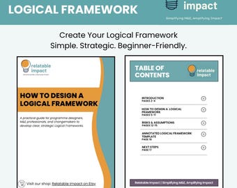 May include: Two-page spread with the title "HOW TO DESIGN A LOGICAL FRAMEWORK" in teal and orange. The left page features a book cover with the same title and a description. The right page shows a table of contents.