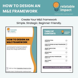 May include: An image promoting a guide titled "HOW TO DESIGN AN M&E FRAMEWORK." The cover has orange and blue design elements. The image also includes a table of contents and the text "Create Your M&E Framework. Simple. Strategic. Beginner-Friendly."