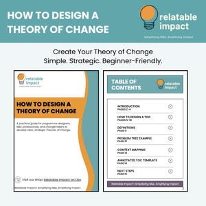 May include: A guide titled "HOW TO DESIGN A THEORY OF CHANGE" in teal and orange. The cover displays the title and a brief description. The right side shows a table of contents with page numbers.