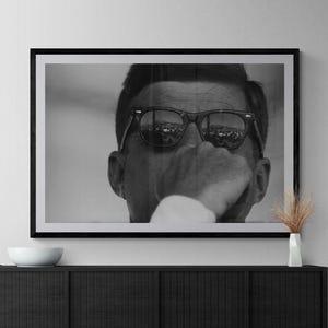 John F Kennedy Sunglasses, President JFK, Black and White | Large Print Wall Decor, Canvas or Print (Framed /Unframed and Mat/No Mat)