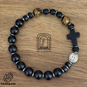 Black Onyx Rosary Bracelet: Tiger Eye, Hematite, Saint Medal