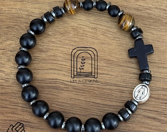 Schwarzer Onyx Rosenkranz Armband: Tigerauge, Hämatit, Heilige Medaille