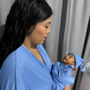 Maternity robe and swaddle, baby swaddle blanket, hospital outfits, mom and me, matching swaddle set, matching outfits, baby boy, plumbago.