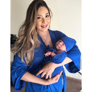 Maternity robe and swaddle, baby swaddle blanket, hospital outfits, mom and me, matching swaddle set, matching outfits, baby boy,royal blue.
