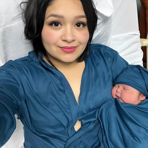 Maternity robe and swaddle, baby swaddle blanket, hospital outfits, mom and me, matching swaddle set, matching outfits, baby boy, teal blue.