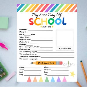 Last Day of School Printable Keepsake | End of Year Questionnaire for Kids with Photo Space | School Memory Page for Parents & Teachers