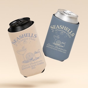 Seashells and Wedding Bells Bachelorette Can Coolers, Personalized Coastal Bach Cooler, Custom Beach Bachelorette Party Slim Can Holder