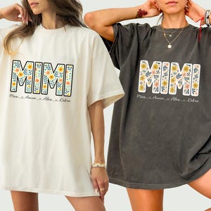 Maglietta Mimi personalizzata con nomi dei nipoti, maglietta Mimi, maglietta per la festa della mamma, maglietta floreale Mimi, maglietta con nomi personalizzati per bambini e nonna, regali Mimi