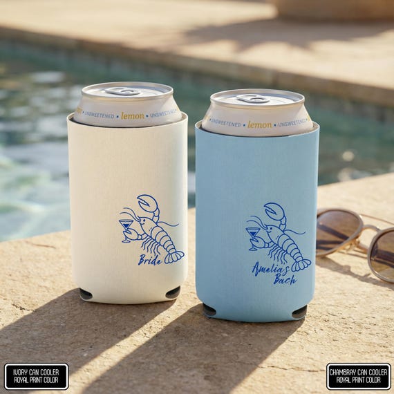 Personalized Lobster Can Coolers, Custom Nantucket Can Holder, She’s a Catch Bach Party Favor, Coastal Bachelorette Drink Sleeve