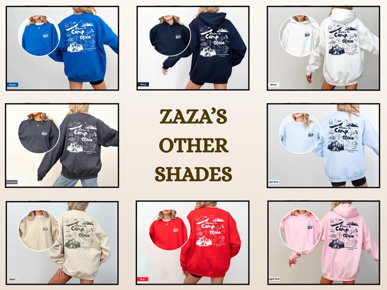 Puede incluir: Una colecci&oacute;n de nueve sudaderas y sudaderas con capucha de manga larga en varios colores, incluyendo azul real, marino, blanco, gris oscuro, azul claro, arena, rojo y rosa claro. Cada prenda presenta el texto Welcome to Camp Olivia en la espalda.