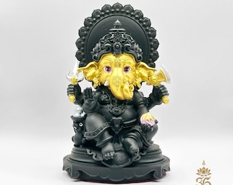 Estatua de Ganesha de 14 cm - Amuleto hindú tailandés de resina negra y dorada, bendecido por el maestro brahmán