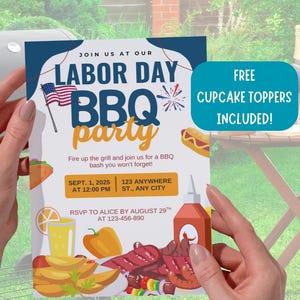 Labor Day BBQ Party Invitation, Summer Cookout Printable, Backyard Barbecue Invite, Editable Template