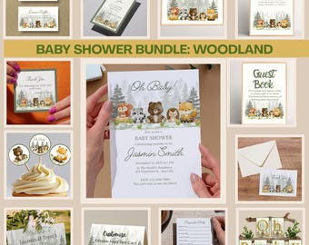Woodland Baby Shower Bundle: Watercolor Animals, Editable Canva Template (Digital Download)