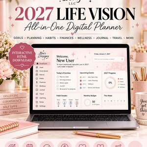Puede incluir: Un ordenador portátil que muestra el 2027 Life Vision All-in-One Digital Planner de Mae's Designs LLC. La pantalla presenta un panel con secciones para objetivos, hábitos, finanzas y bienestar. La interfaz tiene acentos y texto rosa.