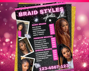 Braids Price List Template, Hair Braiding Guide, Salon Flyer (Digital Download)