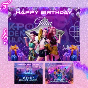Op de afbeelding: Een paarse verjaardagsbanner met de tekst "HAPPY BIRTHDAY Julia" en de woorden "KPOP DEMON HUNTERS". De banner toont drie geanimeerde vrouwelijke personages, cadeaus en ballonnen. Twee kleinere banners staan onderaan.