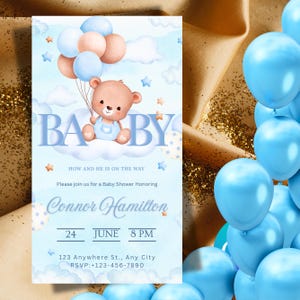 Baby Shower Invitation Stars Modern/Boho Teddy Bear Girls Baby Shower Invitation Template, Editable Printable Download