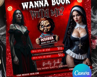 10月の予約チラシ：ハロウィンヘア、ネイル、まつ毛、MUA Canvaテンプレート（デジタルダウンロード）