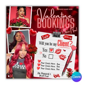 Puede incluir: Gráfico promocional del Día de San Valentín con texto rojo y blanco. Se muestran las palabras "Valentine Bookings Open Now!". Un bloc de notas pregunta "Will you be my Client?" con las opciones "Yes" y "No". La imagen incluye fotos de mujeres y rosas.