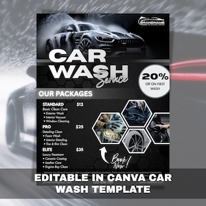 以下が含まれることがあります： 白黒の洗車サービス広告。デザインは、水の効果、サービスパッケージ、およびテキスト「CAR WASH Service」を備えた洗練された車を特徴としています。「今すぐ予約！」の行動喚起と20％オフのプロモーションが含まれています。