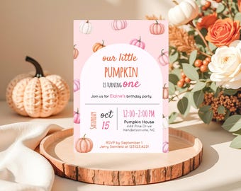 Editable Girl Birthday Party Invite Template | Fall Pink Pumpkin Theme