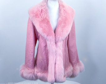 Vintage Snowbunny Pastel Pink Rhinestone Leather and Fur Princess Coat