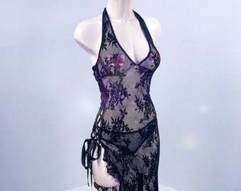 90’s Black Lace Ruffle Maxi Lingerie Halter Gown Dress