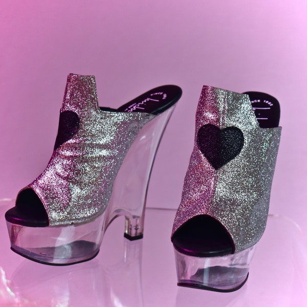 RESERVED// 90's Vintage Luichiny Glitter heart Platform Wedge Slide Sandal Mules with Clear Lucite Heel Platform New in box // 6 - 6.5 or 37