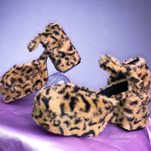 90's  Fuzzy Leopard Platform Chunky Heel Mary Jane Ankle Strap Shoes