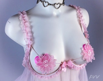 Pamela - 90's Pastel Baby Pink Daisy Pasties Underwire Lace Bra Babydoll Mini Dress