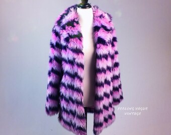 90's Pastel Pink + Purple Striped Faux Fur Coat // XL