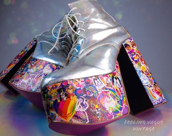 CUSTOM // 90's Iconic Lisa Frank Kawaii Holographic Glitter Hand Made Rainbow Platform Chunk High Heel Wedge Ankle Boots