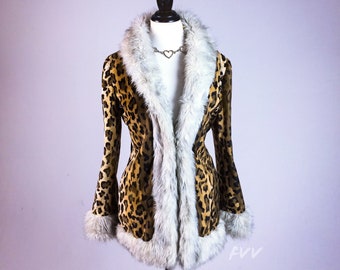 90's Leopard Faux Fur with Black  Fur Trim Coat