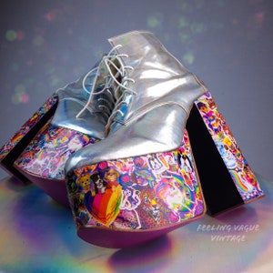 CUSTOM // 90's Iconic Lisa Frank Kawaii Holographic Glitter Hand Made Rainbow Platform Chunk High Heel Wedge Ankle Boots