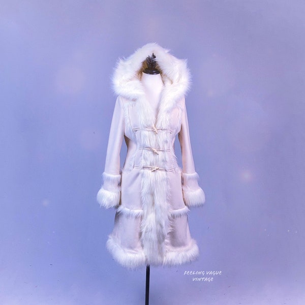 90's Hooded Festival Princess White Suede and Faux Fur Lined Toggle Coat