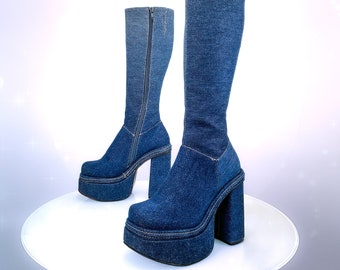 Y2K Bratz Denim Blue Jean Chunky Platform Heel Knee Boots / DEADSTOCK // 6