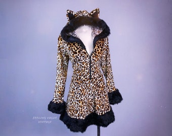 Pretty Kitty Leopard Print Long Sleeve Hooded Mini Dress with Cat Ears and Tail