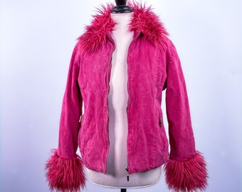 90's Baby Pink Suede Zipper Pull Cropped Faux Fur Coat // S