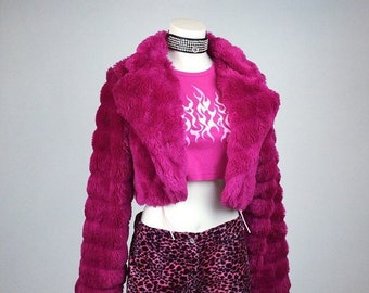 90's Hot Pink Faux Fur Cropped Bubble Jacket // XL