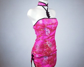 90's Pink Cheongsam Asian Mini Halter Dress with Blossoms // L