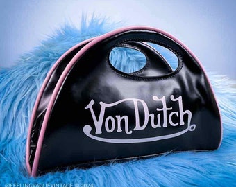 Y2K Von Dutch Black with Pink Trim Vinyl Half Circle Crescent Handbag Purse