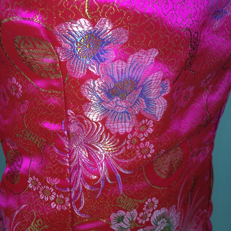 90/'s Pink Cheongsam Asian Mini Halter Dress with Blossoms M