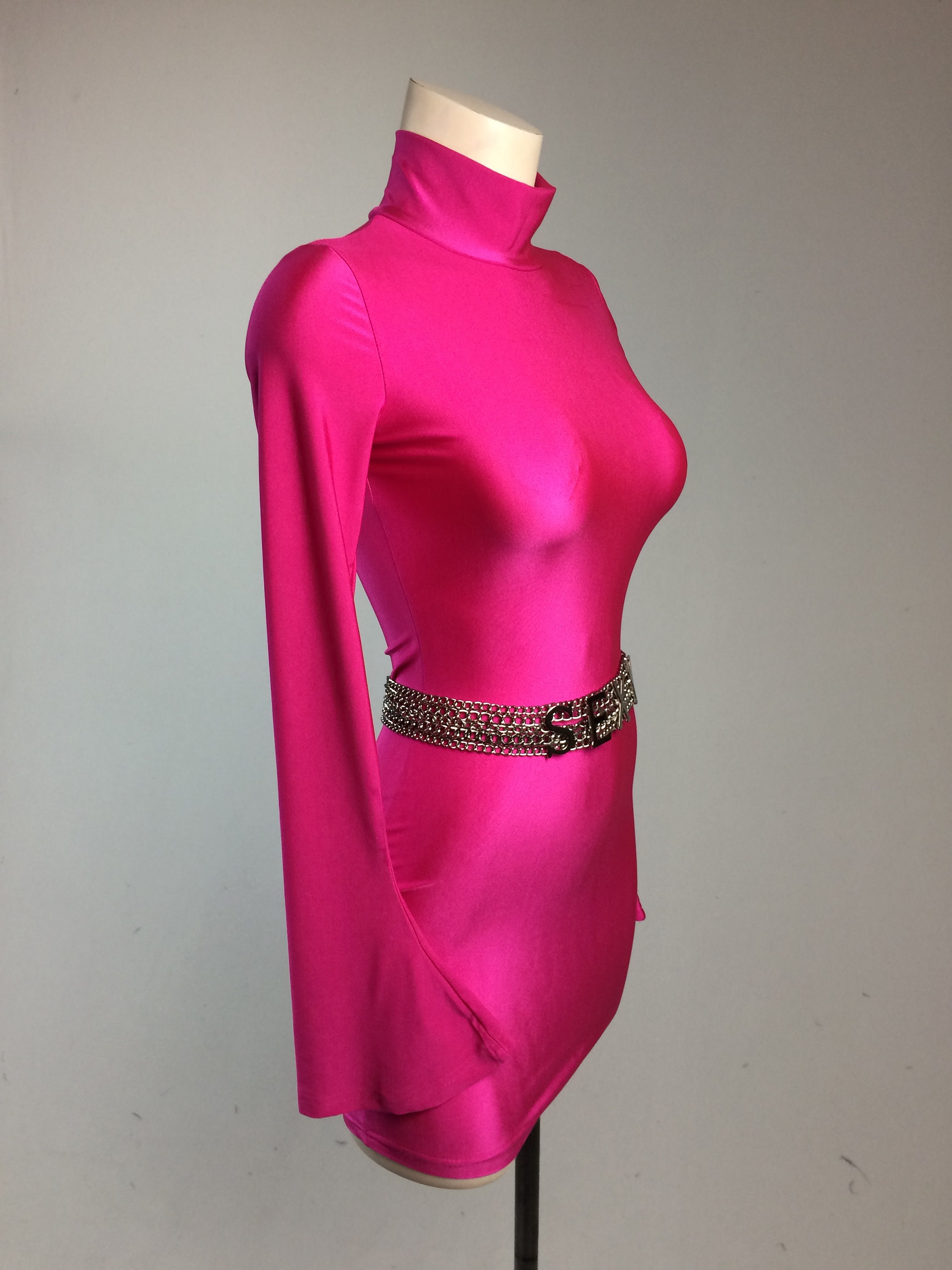 90's Hot Pink Mock Turtleneck Mini Dress with Flare Bell Etsy