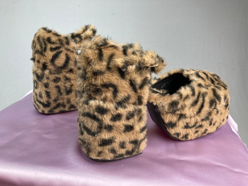 90's Fuzzy Leopard Platform Chunky Heel Mary Jane Ankle | Etsy