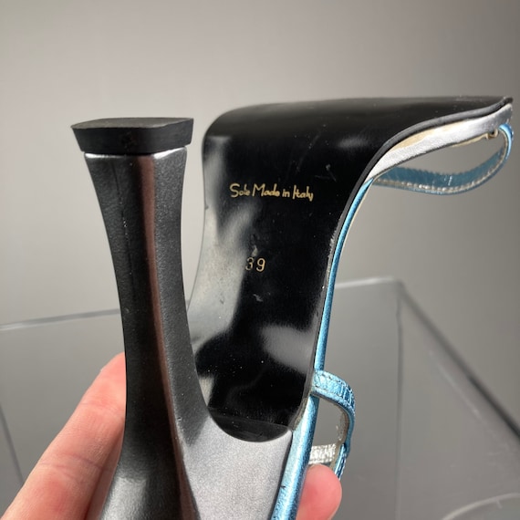 90's Y2K Metallic Blue and Silver Ankle Strap Sandals With Metal