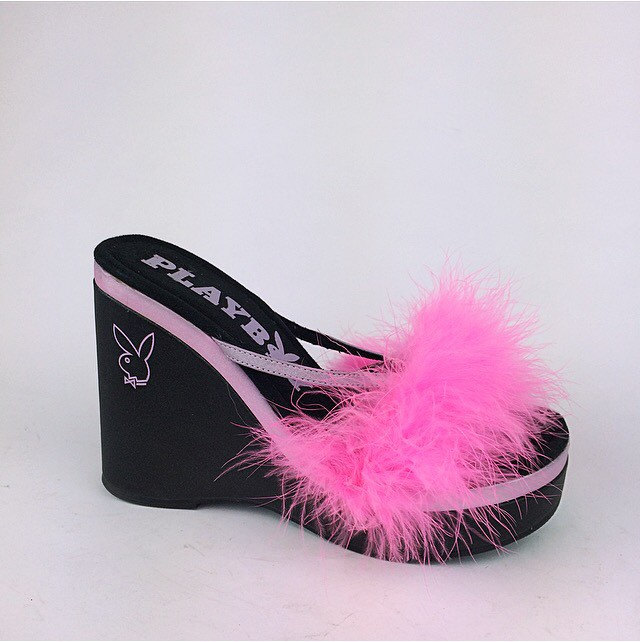 90's Playboy Platform Wedge Hot Pink Feather Sandal Mules // 8.5