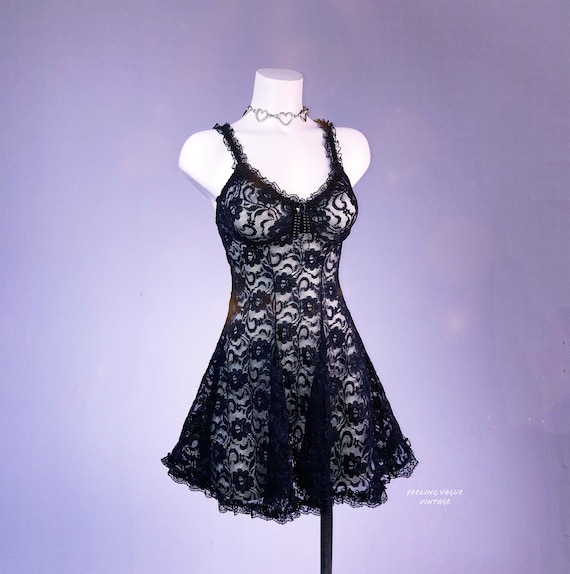 Vintage 90s NWT Black Ruffled Lace Babydoll Dress Lingerie With
